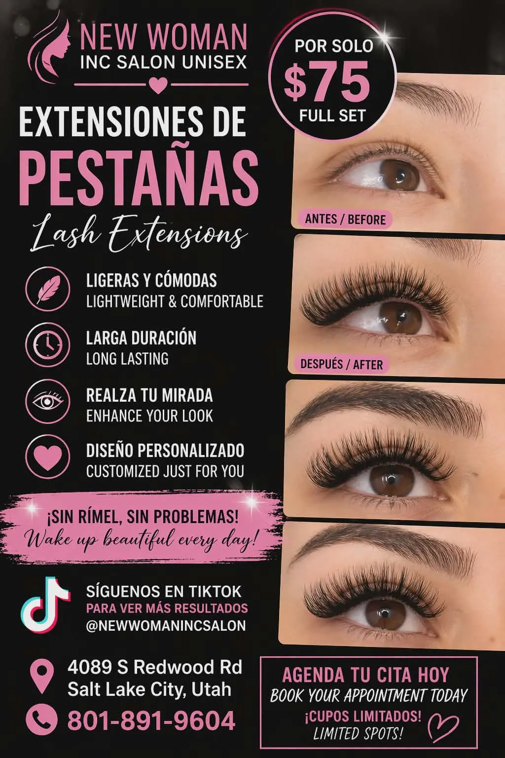 Extensiones de pestañas, antes y después